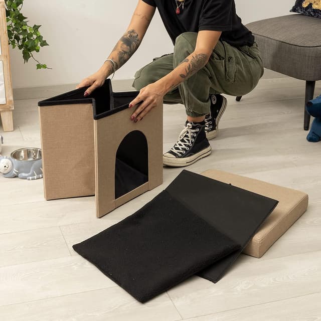 Detalle 2 de Baroni Home Cuccia Cane e Gatto pieghevole color tortora, pouf/tavolino relax 38x38x38 cm