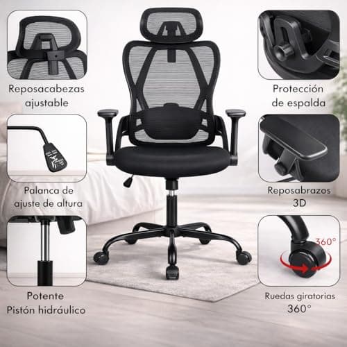 Detalle de Silla de oficina ergonómica T-LOVENDO.ES con soporte lumbar ajustable, malla transpirable y reposacabezas