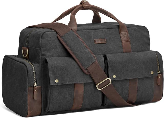 Detalle de S-Zone Unisex 56L Canvas Duffle Bag with Leather Trim – 2–4 Day Carry-On Weekender
