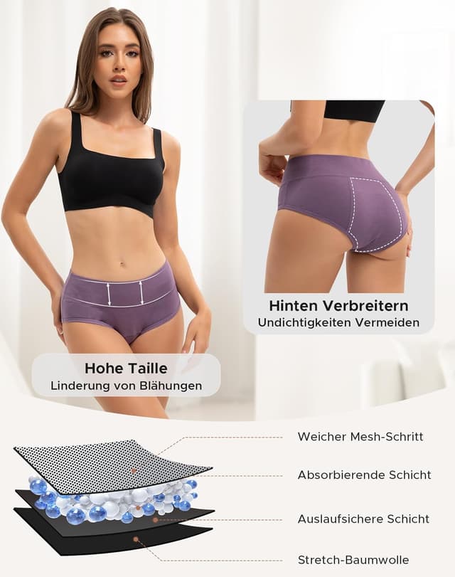Detalle de INNERSY Culotte menstruelle taille haute pour flux abondant (lot de 3) – coton lavable, taille enveloppante