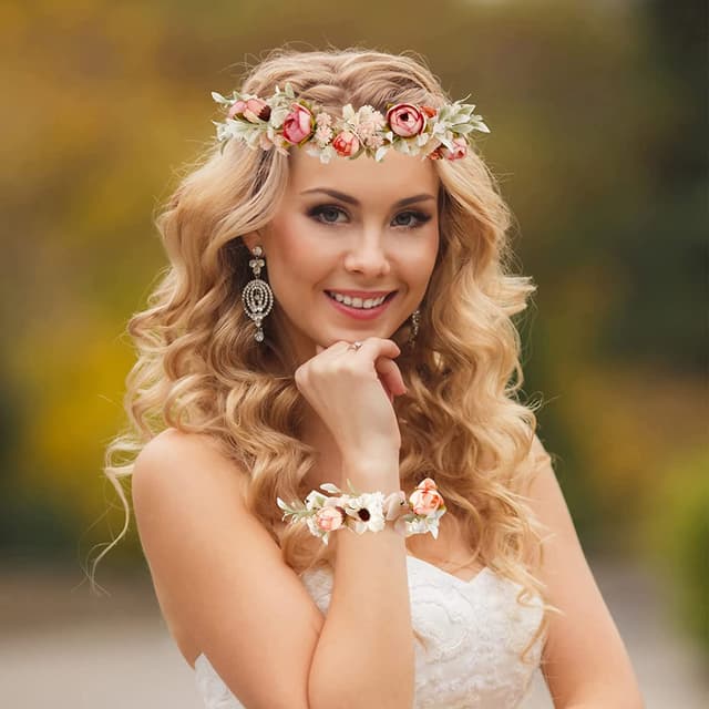 Detalle 2 de Wedding Floral Girlande (Krone) Damen Blumen-Haarreif-Set mit Armband, verstellbar – rosa/beige