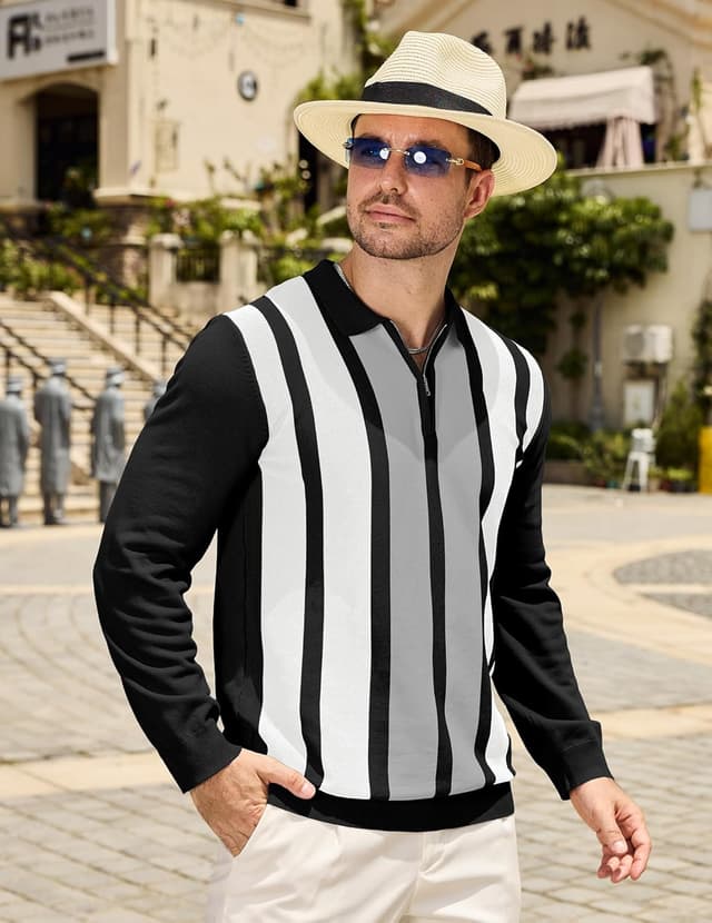 Detalle de CTU men’s quarter zip jumper polo shirt – knitted long sleeve with vintage striped look (M–3XL)