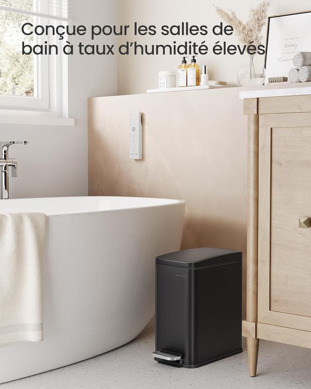 Detalle de SONGMICS LTB561B10 : poubelle de salle de bain à pédale 10L, compacte en acier noir