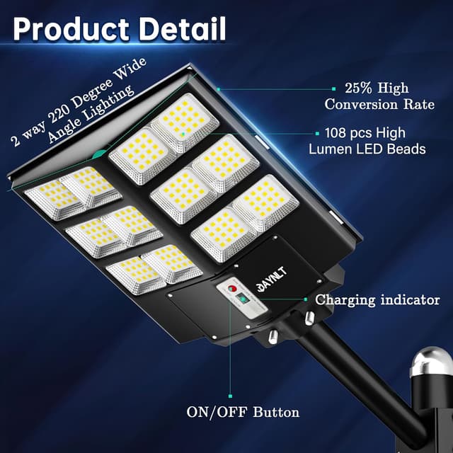 Thumbnail 6 de Lampadaire solaire d’extérieur JAYNLT Y-2000W avec détecteur de mouvement et télécommande, 6500K, IP67