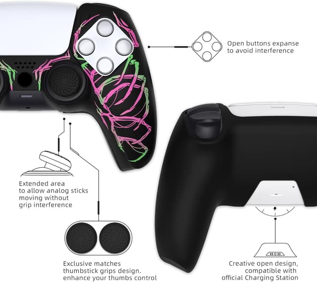 Detalle de playvital Pure Series Anti-Slip Silicone Cover Skin for PS5 Controller (Thumb Grip Caps) – Carving Skull Pink & Green