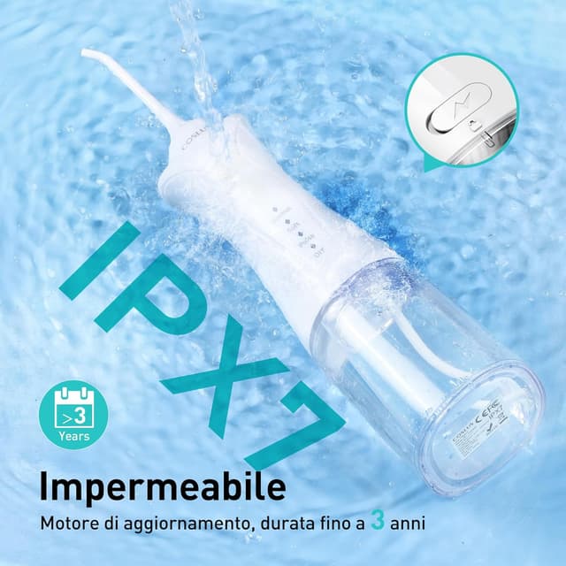 Detalle de COSLUS C30 idropulsore dentale portatile senza fili da 300 ml, 4 modalità e 11 intensità (IPX7) – bianco