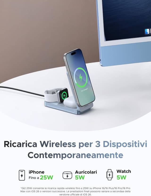 Thumbnail 2 de UGREEN MagFlow 3 in 1 Qi2 25W Caricatore wireless pieghevole per iPhone, AirPods, Apple Watch