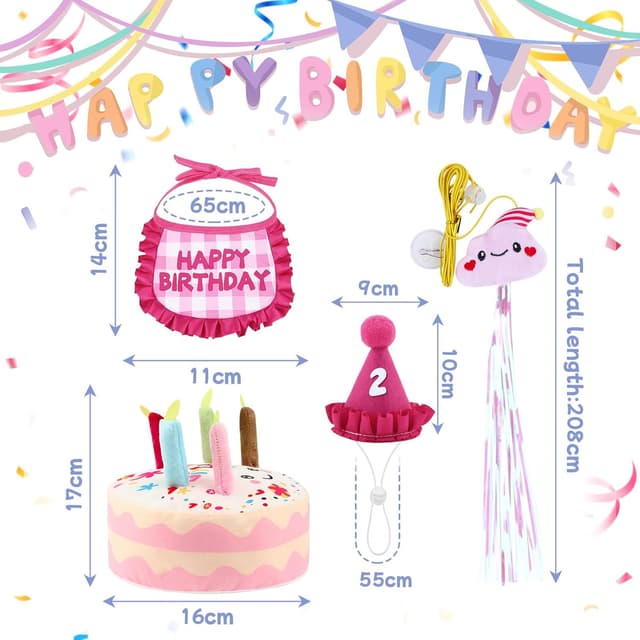 Detalle 2 de La Desire Katzen Geburtstag Outfit Set (Bandana & Hut, 0–9 Zahlen) inkl. Plüsch-Torte und hängendem Katzenspielzeug mit Katzenminze – Rosa