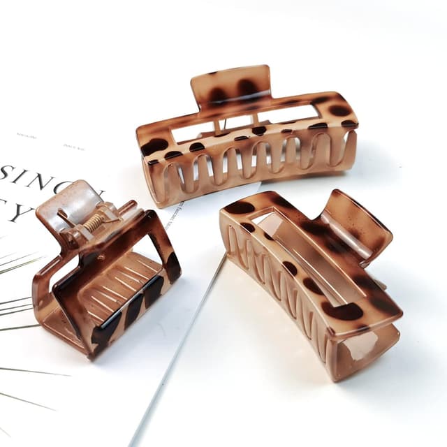 Detalle de Kavya große Haarklammer (3er-Set) eckig mit Leopardenmuster – rutschfeste Claw Clips für langes Haar