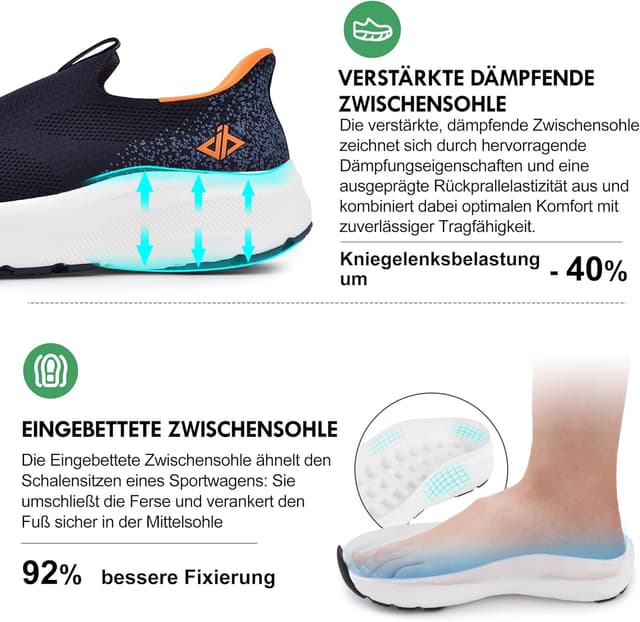 Detalle de JACKSHIBO Hände frei Slip-in Herren Schuhe mit Weite Zehenbox, Fußgewölbestütze & Memory-Foam-Dämpfung