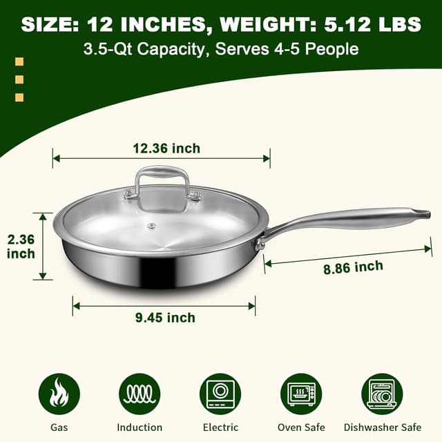 Detalle de EWFEN 12 Inch Tri‑Ply Stainless Steel Frying Pan