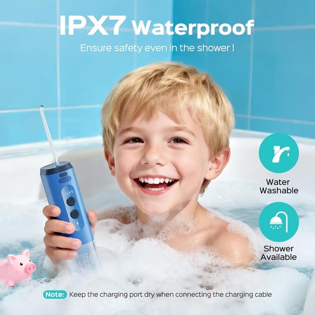 Detalle 2 de COSLUS T40 Portable Water Flosser for Kids (Ages 6+) with 4 Gentle Modes, Braces-Safe Design, DIY Stickers & 4 Nozzles