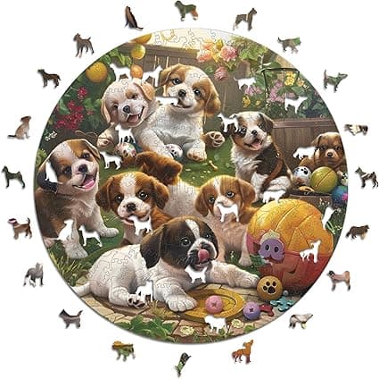 Detalle de Iconic Puzzles 🐶 Cachorros en el Jardín, Puzzle de Madera, 350 Piezas