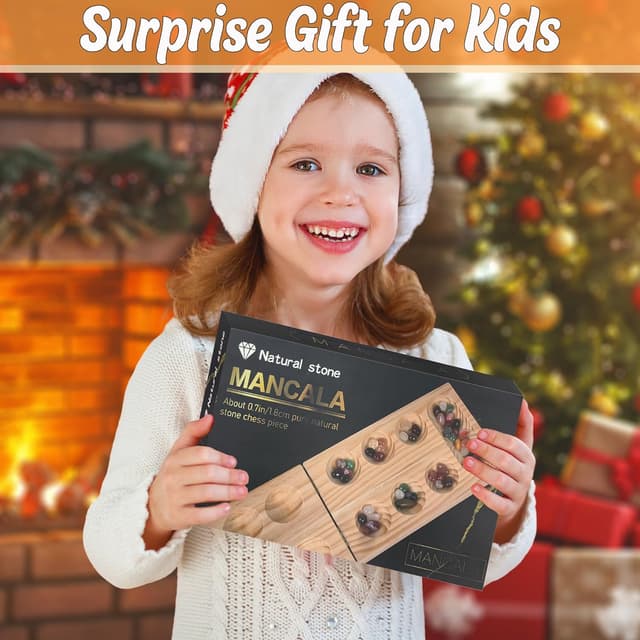 Detalle 2 de Mancala Steinchenspiel (Kalaha/Hus/Bao) aus verdicktem Naturholz mit bunten Steinen & Aufbewahrungsbeutel