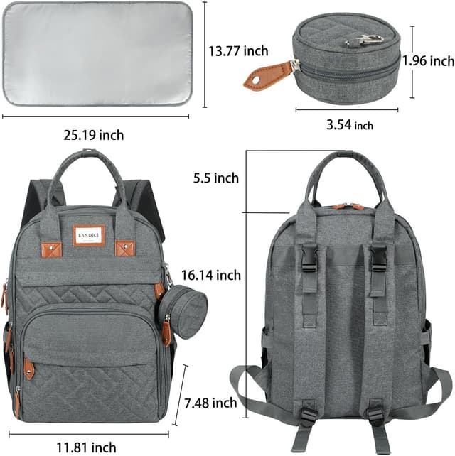 Detalle de LANDICI Baby Changing Bag Backpack (Large) in Grey — with Changing Mat, Stroller Straps & Pacifier Case