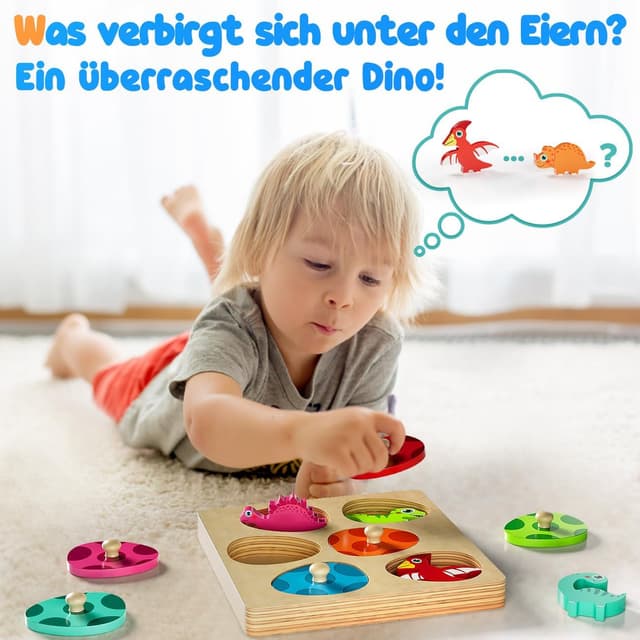 Detalle de Montessori Greifpuzzle ab 1 Jahr mit Dinosauriern und Tier-Eiern (Holzspielzeug, bunt) – Steck- & Sortierspiel für 12–36 Monate
