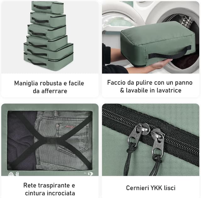 Detalle de ECOHUB Organizer Valigie 7 Pezzi Set Packing Cubes in PET ecologico – Verde