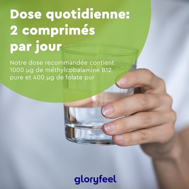 Thumbnail 6 de Gloryfeel Vitamine B12 200 comprimés – 1.000 mcg/jour, 2 formes bioactives dont hydroxocobalamine + acide folique 5-MTHF (Quatrefolic®)
