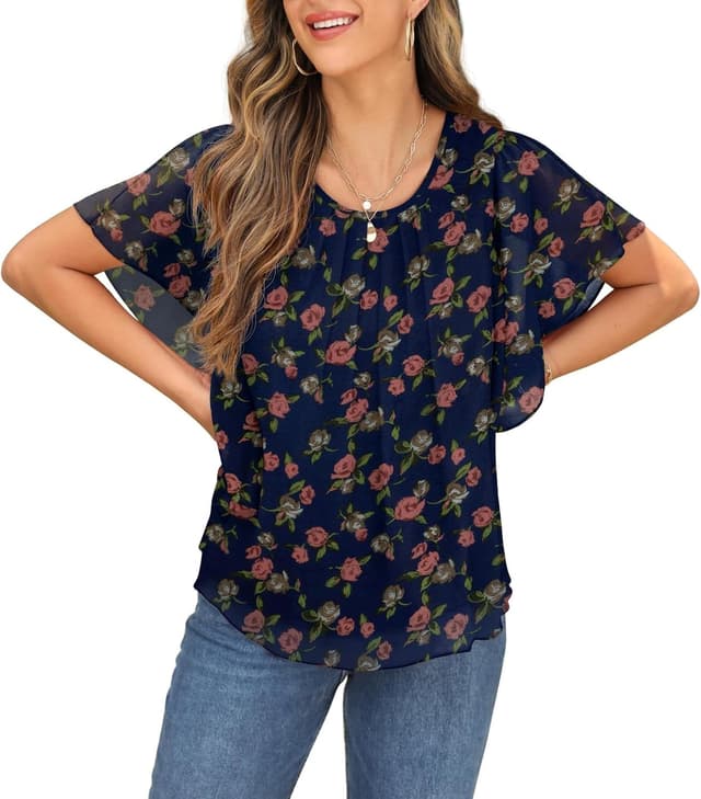 Detalle 2 de QIXING Chiffon Kurzarm Bluse Damen mit Fledermausärmel und Rundhalsausschnitt