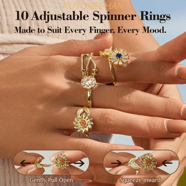 Detalle 2 de 10Pcs Fidget Anxiety Rings (Adjustable Spinner Rings) — Moon, Sun, Butterfly, Galaxy & More CZ Stress Relief