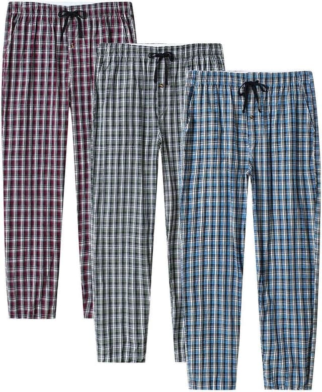 Detalle 2 de MoFiz Men’s Ultra Lightweight Cotton Pajama Pants (Plaid) with Pocket, Drawstring, 3-Pack