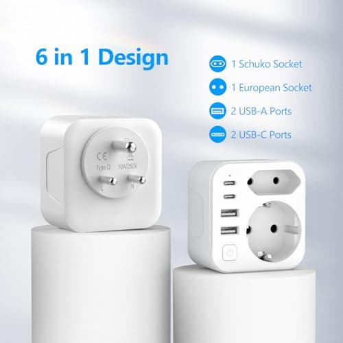 Detalle 2 de JSVER adaptador de enchufe para India (Tipo D) con 2 USB-C y 2 USB-A, EU a India/Sri Lanka/Nepal
