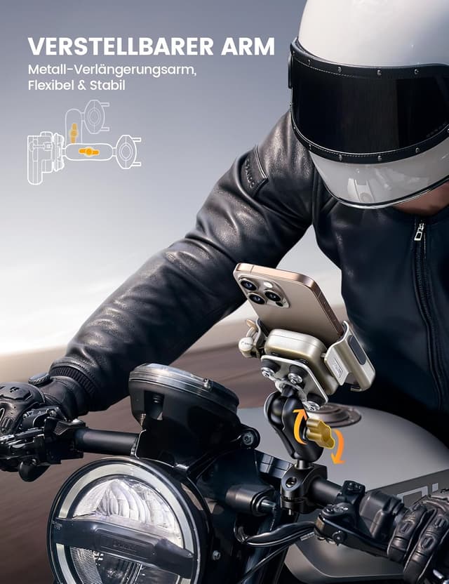 Detalle de Lamicall Handyhalterung Motorrad & Fahrrad – Ganzmetall, vibrationsgedämpft, Lenkerhalter mit Verlängerungsarm (für 4,7–7,2 Zoll)