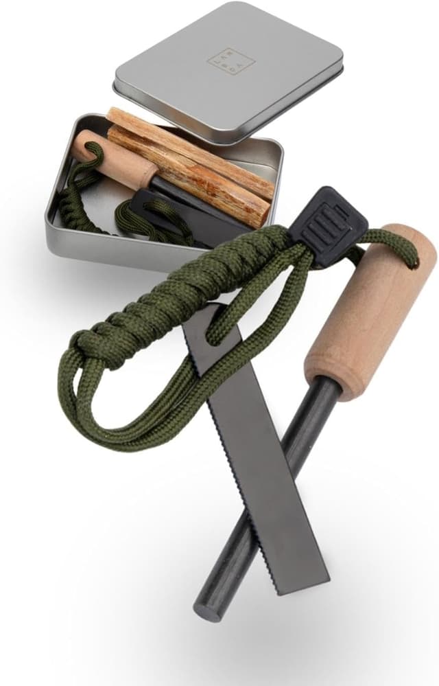 Detalle de LAMBDA COFFEE® Ember Magnesium-Feuerstarter mit Feuerstahl, Kienspan und Metallbox für Zunder