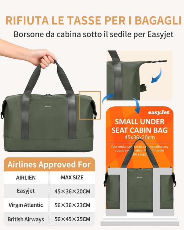 Detalle de ECOHUB Bagaglio a Mano Easyjet 45x36x20 30L: borsa pieghevole da cabina con tasca impermeabile (verde)