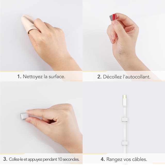 Detalle de AGPTEK lot de 60 clips de câbles adhésifs réglables pour organiser fils (bureaux, PC, voiture, maison) — blanc