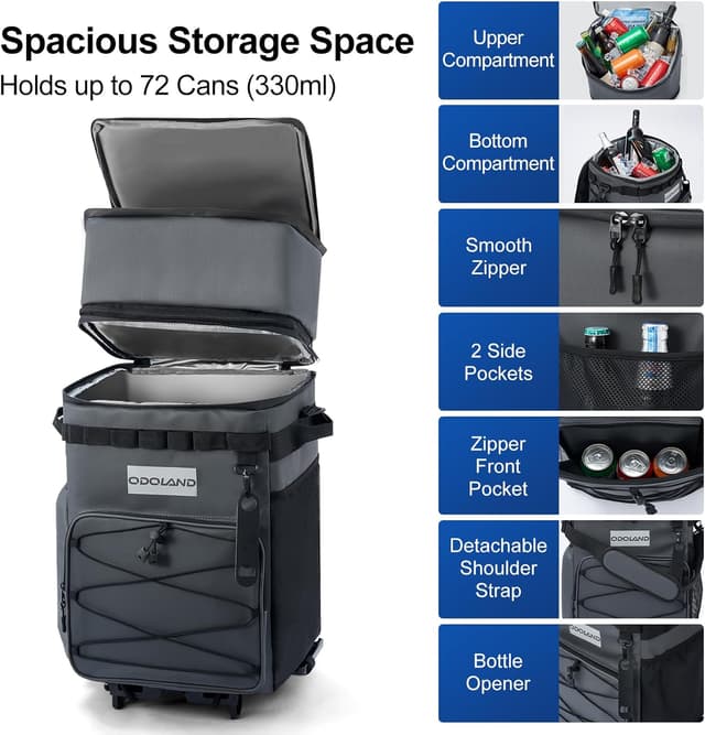 Detalle 2 de Odoland chariot glacière isotherme à roulettes (jusqu’à 72 boîtes) avec sac amovible et packs de glace