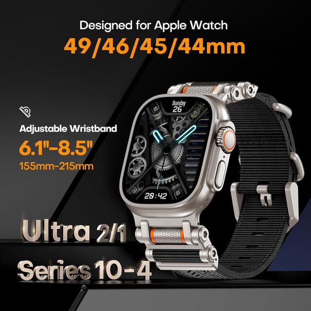 Detalle de TAURI rugged braided nylon Apple Watch Ultra strap (49mm) with stainless steel connectors – adjustable woven band in black