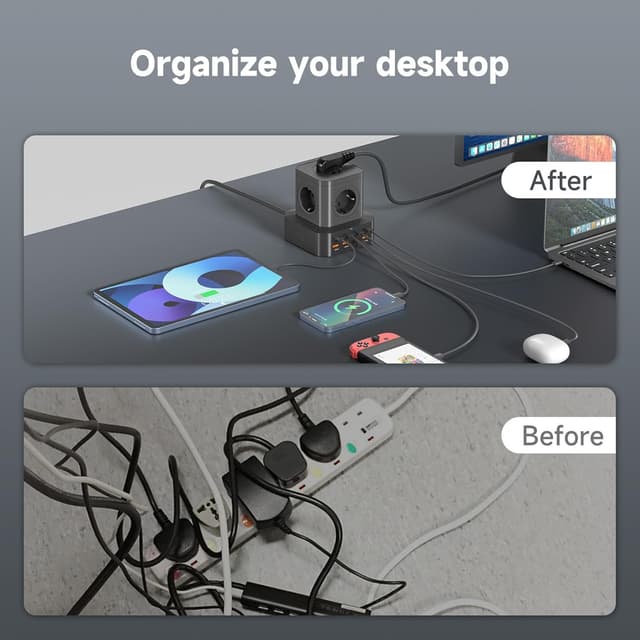 Detalle 2 de TOPREK 100W Multiprise USB Cube 13 en 1 avec 8 ports USB et 5 prises AC, câble 2 m