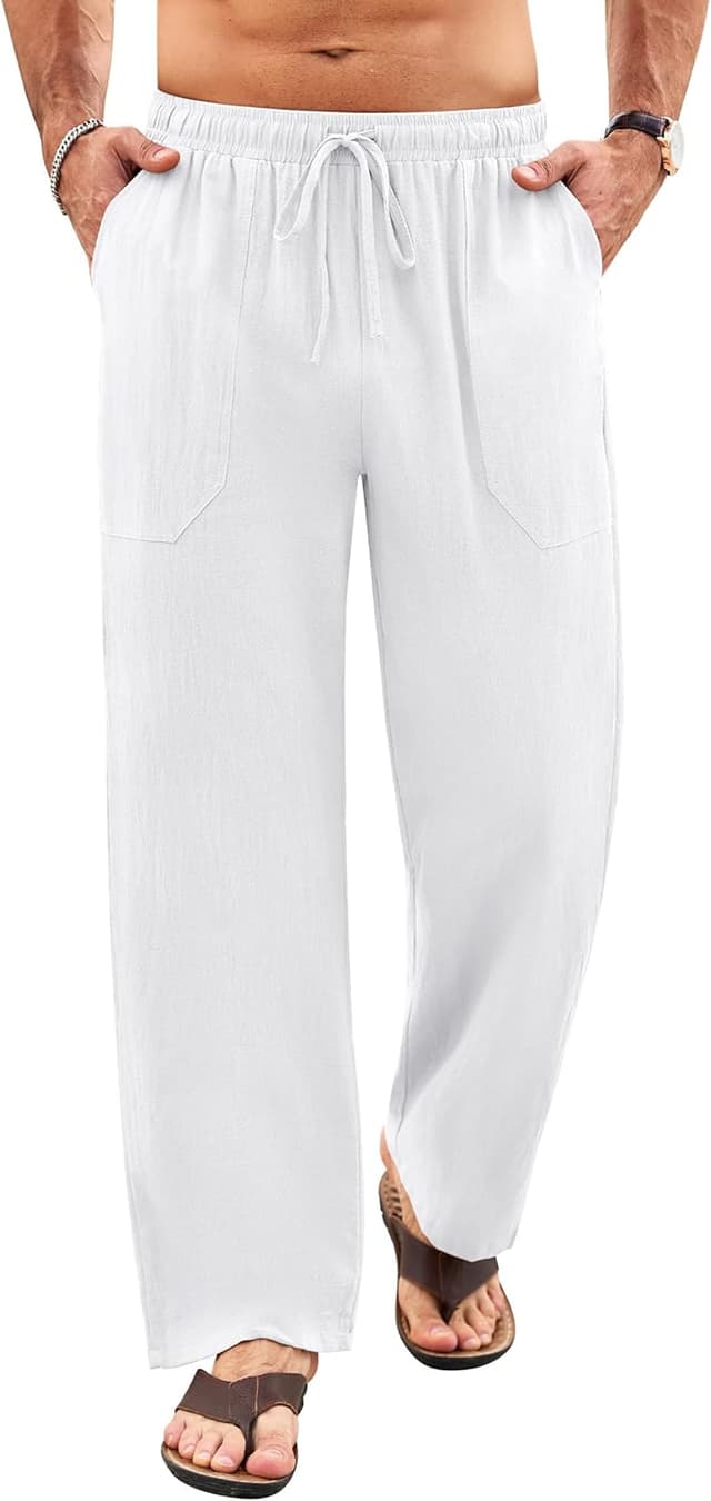 Detalle de Litthing Men Linen Trousers Cotton Jogging Bottoms with Pockets – Lightweight Drawstring Summer Trousers