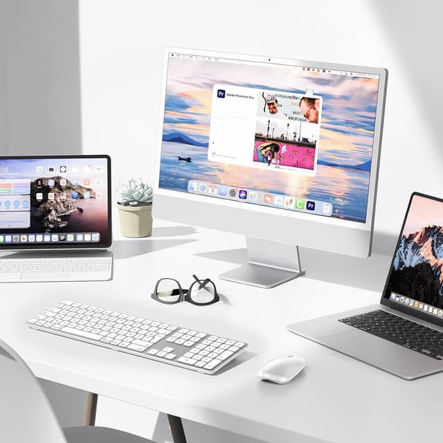 Detalle de OMOTON Clavier Bluetooth sans fil pour Mac AZERTY rechargeable (3 canaux) – Argent