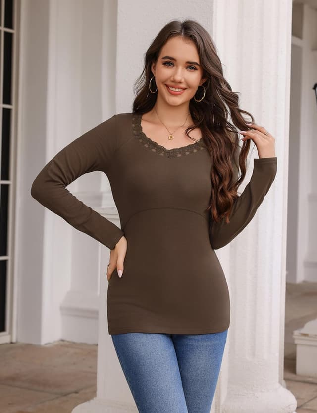 Detalle 2 de Bresdk sous-vêtement thermique femme dentelle col en V manches longues, léger slim fit