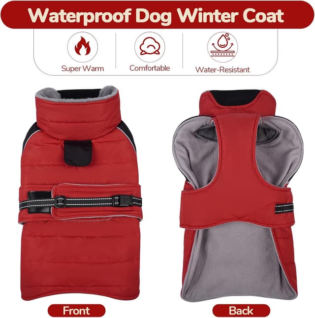 Detalle 2 de LeLePet Lelepet Dog Winter Coat (Waterproof, Fleece Lined, Reflective Strips) – Red, XL