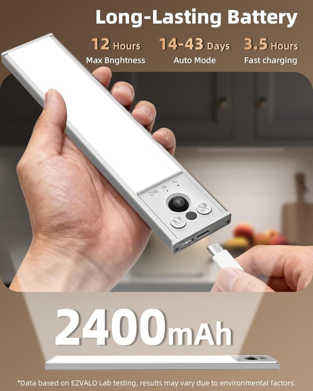 Detalle 2 de EZVALO 4-Pack Rechargeable Motion Sensor Under Cabinet Lights (2400mAh, 3 Color Temps, Dimmable)