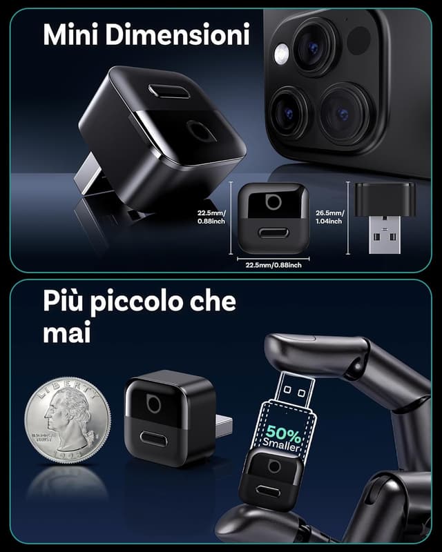 Detalle de OTTOCAST Mini Pico 2026 Adattatore wireless CarPlay e Android Auto (USB-A/C) con pulsante intelligente