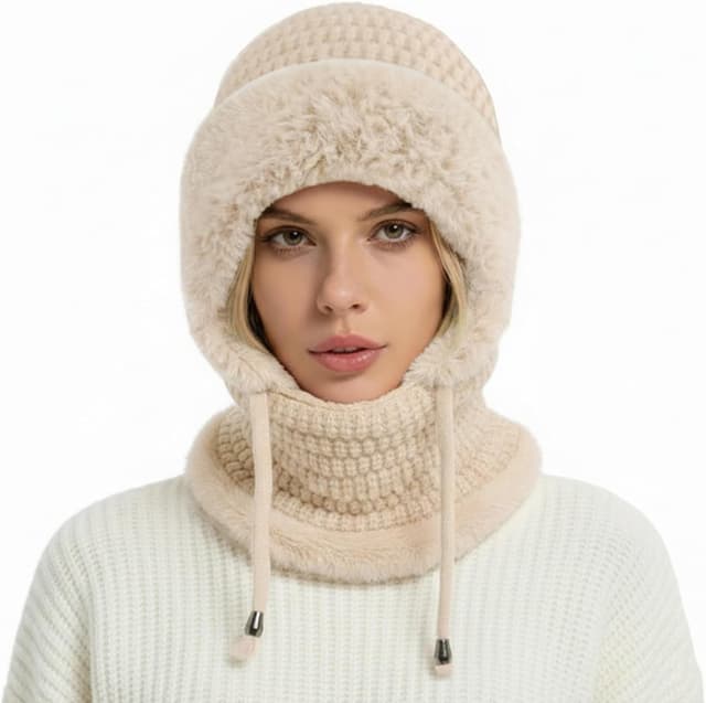 Detalle 2 de DRESHOW Women’s winter knit balaclava beanie with drawstring hood scarf – 3-in-1 cold-weather hat