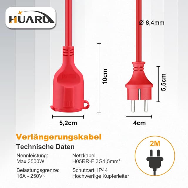 Detalle 2 de HUARUI Verlängerungskabel Outdoor 2 m 3500 W