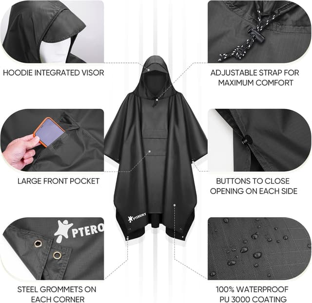 Detalle de PTEROMY Hooded Rain Poncho for Adults with Pocket — Waterproof lightweight unisex raincoat