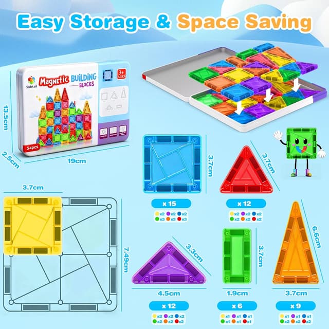 Thumbnail 6 de Subtail Magnetische Bausteine (54 Teile) – Mini Magnetspielzeug für unterwegs, ab ca. 3–7 Jahren