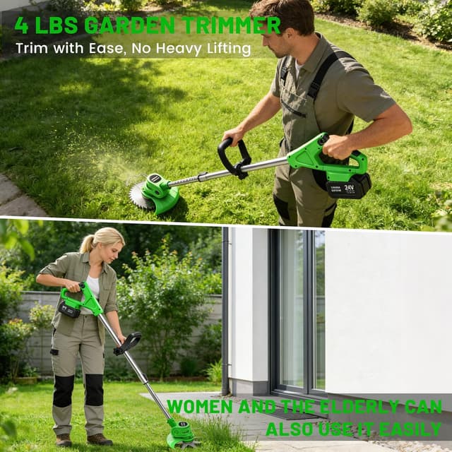 Detalle de 24V Cordless Strimmer Grass Trimmer with Telescopic Pole, 6x Metal Blades + 10x Plastic Blades and 2x 4000mAh Batteries (Green)