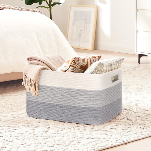 Detalle 2 de 60L Aufbewahrungskorb Klein aus Baumwollseil (Geflochten) mit Griffen – grau meliert für Kinderzimmer, Wäsche & mehr