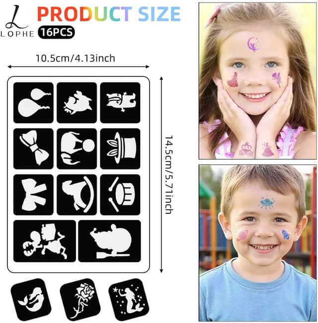 Detalle de LOPHE Pochoir de tatouage réutilisable pour aérographe — pack de 16 motifs (modèles autocollants) pour enfant