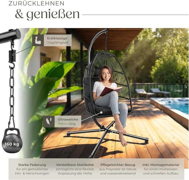 Thumbnail 3 de tectake Hängesessel mit Gestell 160 kg Schwarz