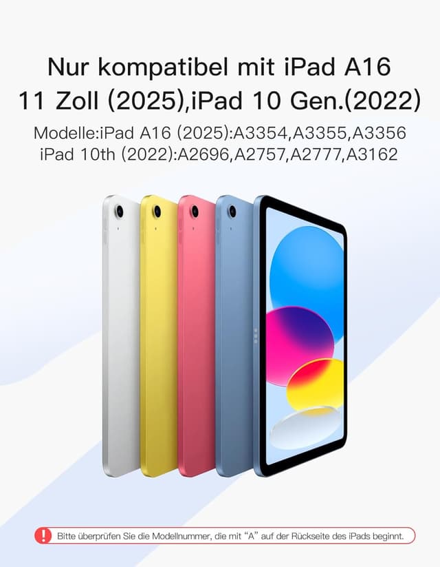 Detalle 2 de Inateck Tastatur-Hülle für iPad (A16 11 Zoll & iPad 10. Gen 10,9 Zoll, QWERTZ) mit Touchpad und 7-farbiger Beleuchtung – KB04112