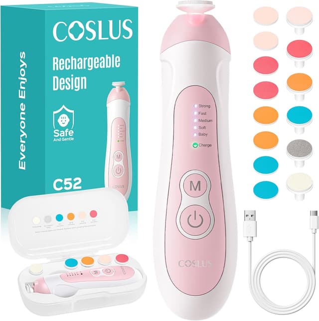 Detalle de COSLUS C52 Rechargeable Baby Nail File (Cordless) with 5 Speeds, 6 Grinding Heads & LED Light - Pink