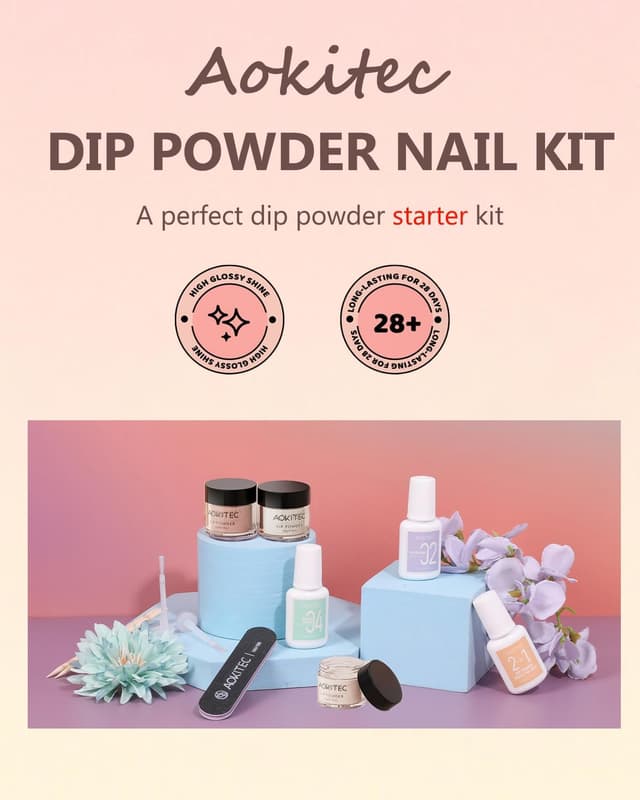 Detalle 2 de Aokitec lot de 12 poudres de trempage pour ongles (démarrage) – 3 couleurs rose clair/nude/rose pâle avec base, top coat et accessoires